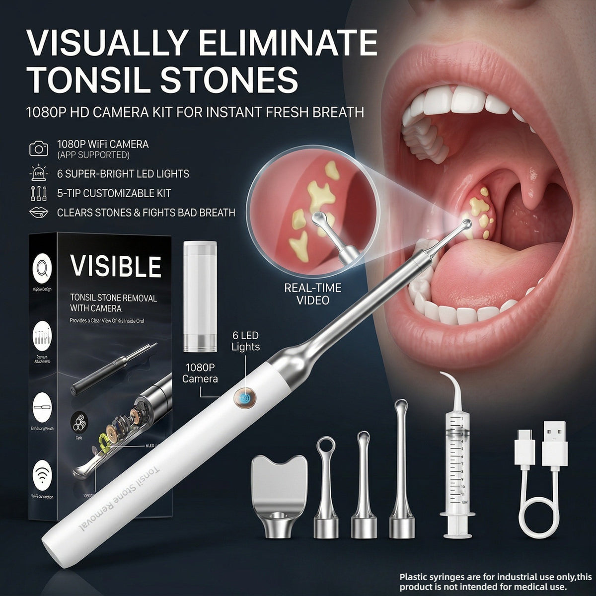 Tonsil Stone Remover with 1080P HD Camera - Visual Removal Kit 6 LED Lights 5 Stainless Tips USB Rechargeable iOS Android App Oral Care Tool