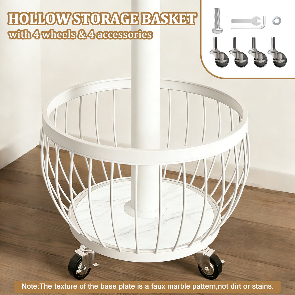 Rotating Coat Rack with Storage Basket and 6 Hooks 4 Wheels Freestanding Entryway Organizer for Coats Hats Bags