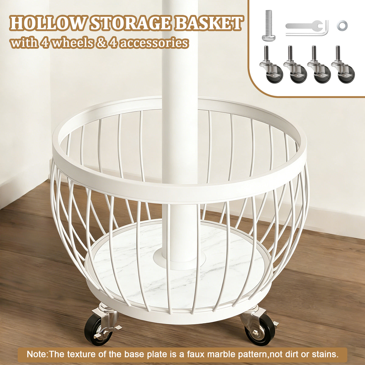 Rotating Coat Rack with Storage Basket and 6 Hooks 4 Wheels Freestanding Entryway Organizer for Coats Hats Bags