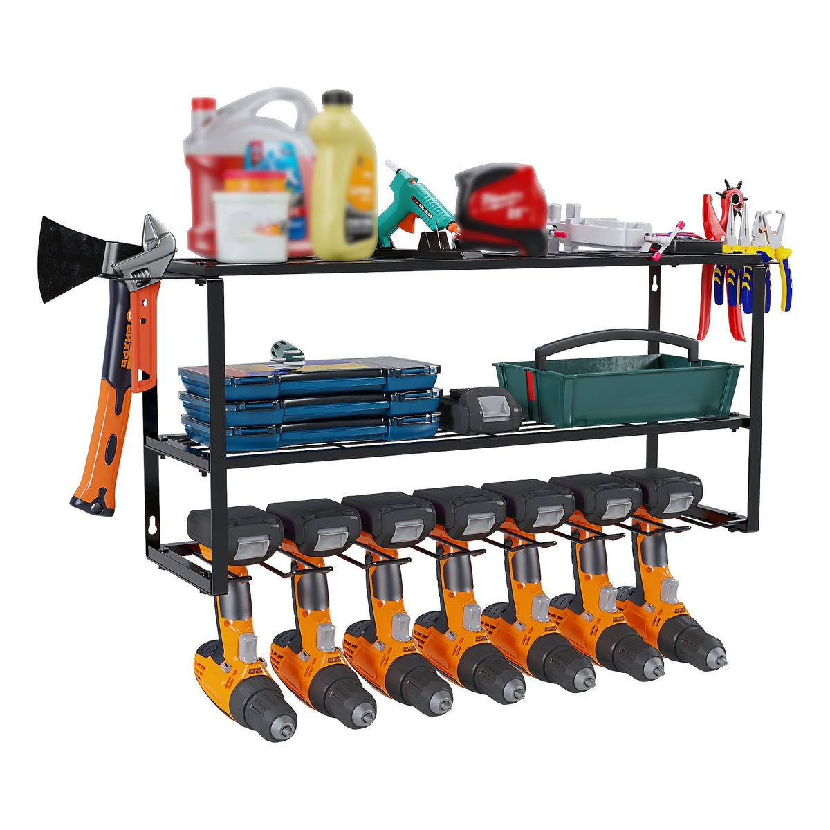 Power Tool Storage Rack Wall Mount – 150 lb Heavy-Duty 3-Tier Steel Organizer with 7 Bit Holders for Garage Workshop Shed Basement