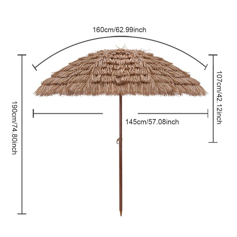 7.5 Foot Tropical Thatch Tiki Outdoor Patio Umbrella UV Protection Push Button Tilt Manual Lift Steel Pole Iron Frame Poolside Garden Backyard