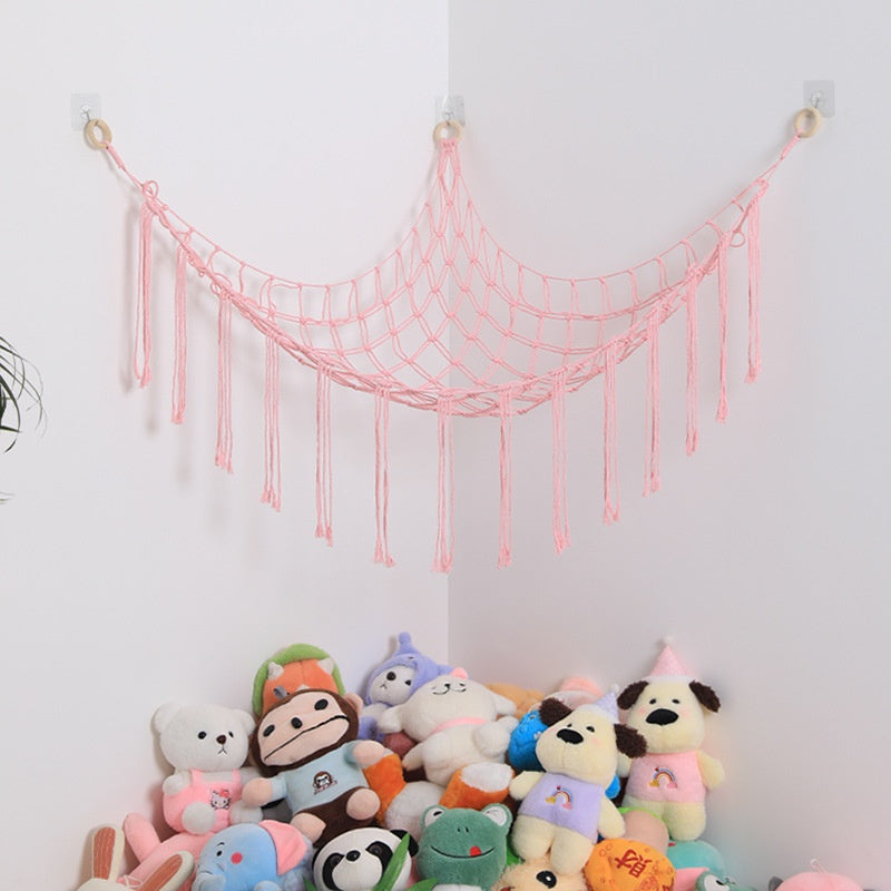 Stuffed Animal Storage Hammock with Star Lights – Corner Mesh Toy Organizer with Hooks for Kids Room, Bedroom & Nursery | White, Black & Pink