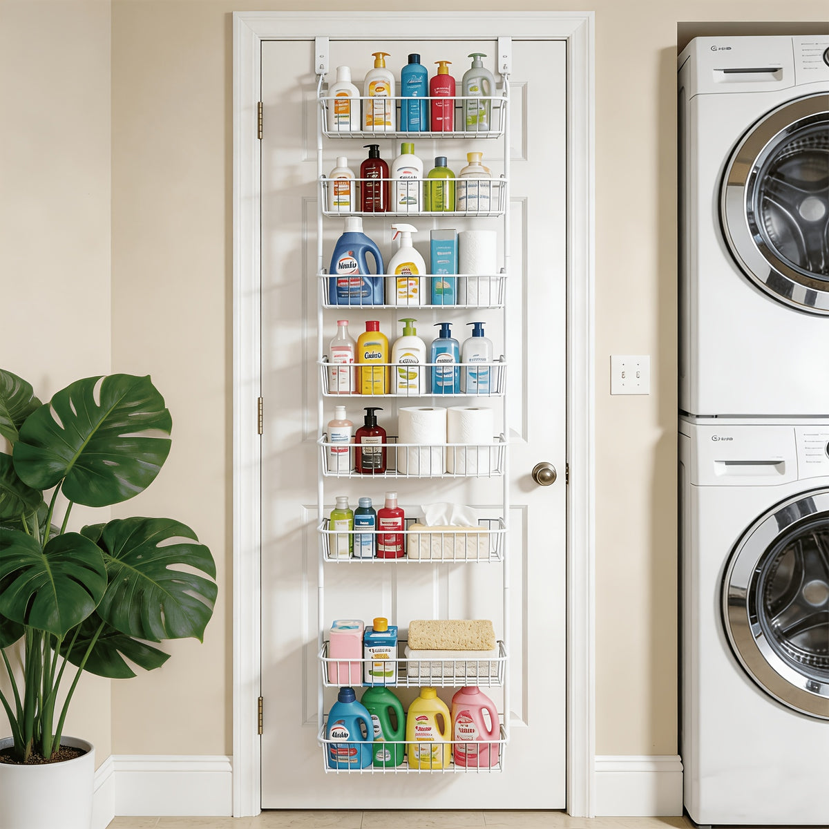 Door-Mounted Metal Storage Rack 6 or 8-Tier, Multi-Room Door-Hanging Organizer Shelf for Kitchen, Living Room, Bedroom, Laundry Room & Bathroom – Black or White