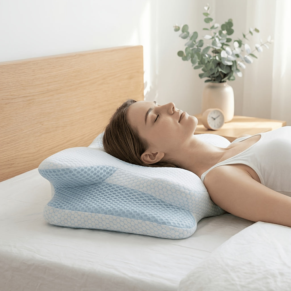 Cooling Neck Pillow Ergonomic Contour Support - Viscose Fill Breathable Cooling Cover, High-Loft Cervical Pillow for Side & Back Sleepers, Blue & Grey