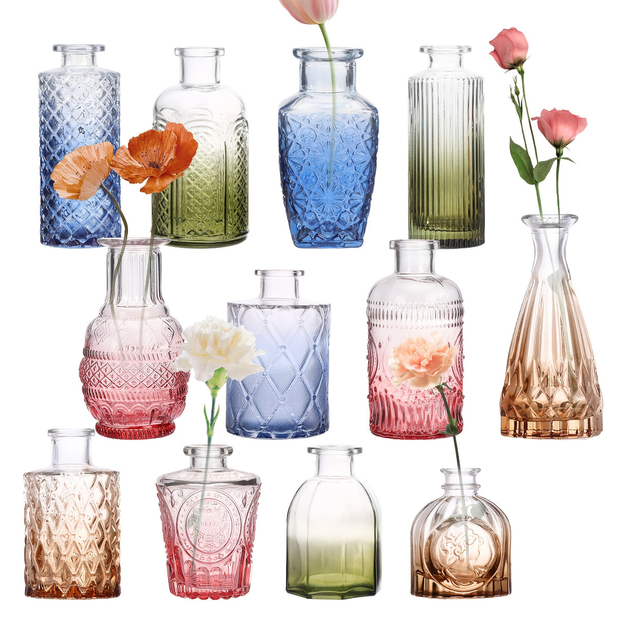 Mini Glass Bud Vase Set of 12 – Multicolor Gradient Relief Design, Vintage Flower Vases for Centerpieces, Wedding Table Decor, Home Party & Event Floral Arrangements