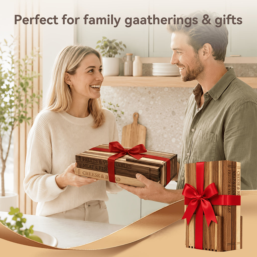 Acacia Wood Cutting Board Set 3-Piece with Stand – Book-Shaped Decorative Chopping Boards for Vegetables, Cheese, Bread & Meat, Kitchen Gift Set