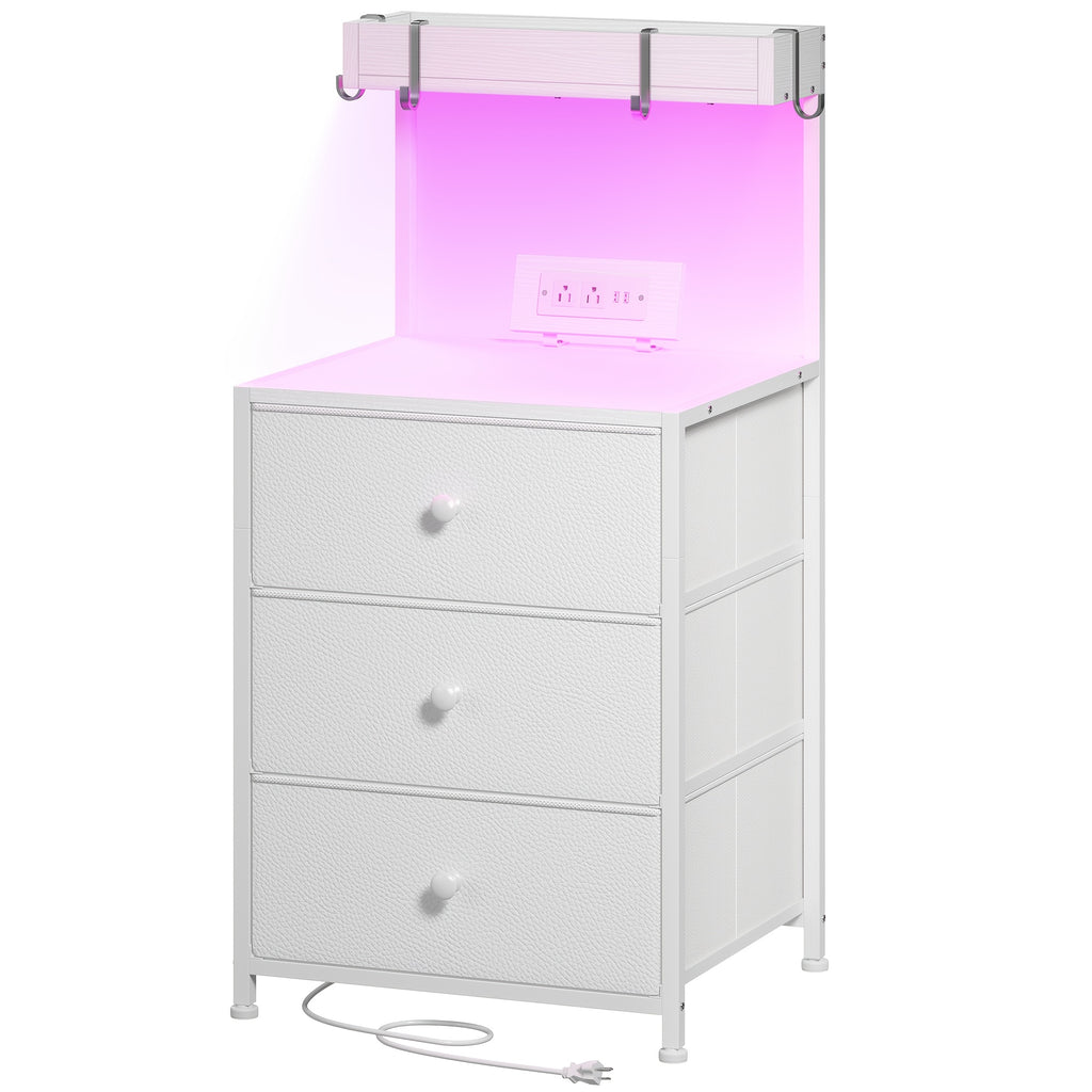 Tall Nightstand with Charging Station LED Lights 3 Fabric Drawers Shelves USB Ports Outlets Oversized Tabletop 4 Hooks Bedside Table for Bedroom Storage