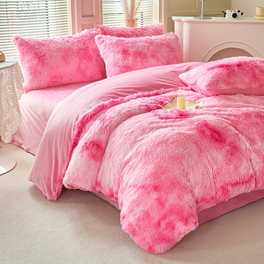 3-Piece Tie-Dye Long Plush Duvet Cover Set 1 Duvet Cover + 2 Pillowcases Zip Closure Machine Washable All-Season Elegant Bedroom Pink Khaki Light Gray Twin Full Queen King