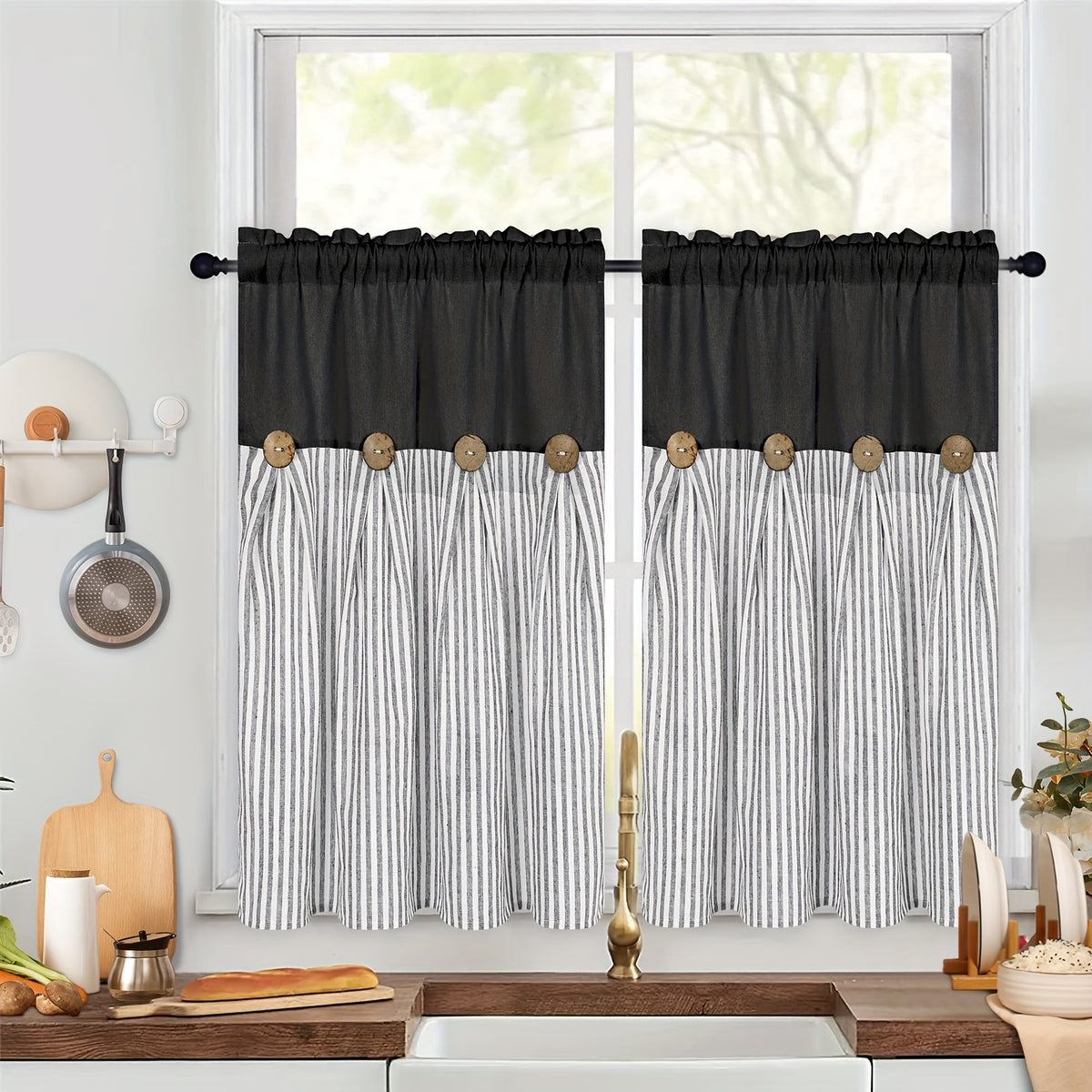 Striped Patchwork Semi-Sheer Rod Pocket Curtains – Bohemian Tiered Window Panels for Bedroom, Living Room, Kitchen, Bathroom & Cafe | 1 or 2 Pcs