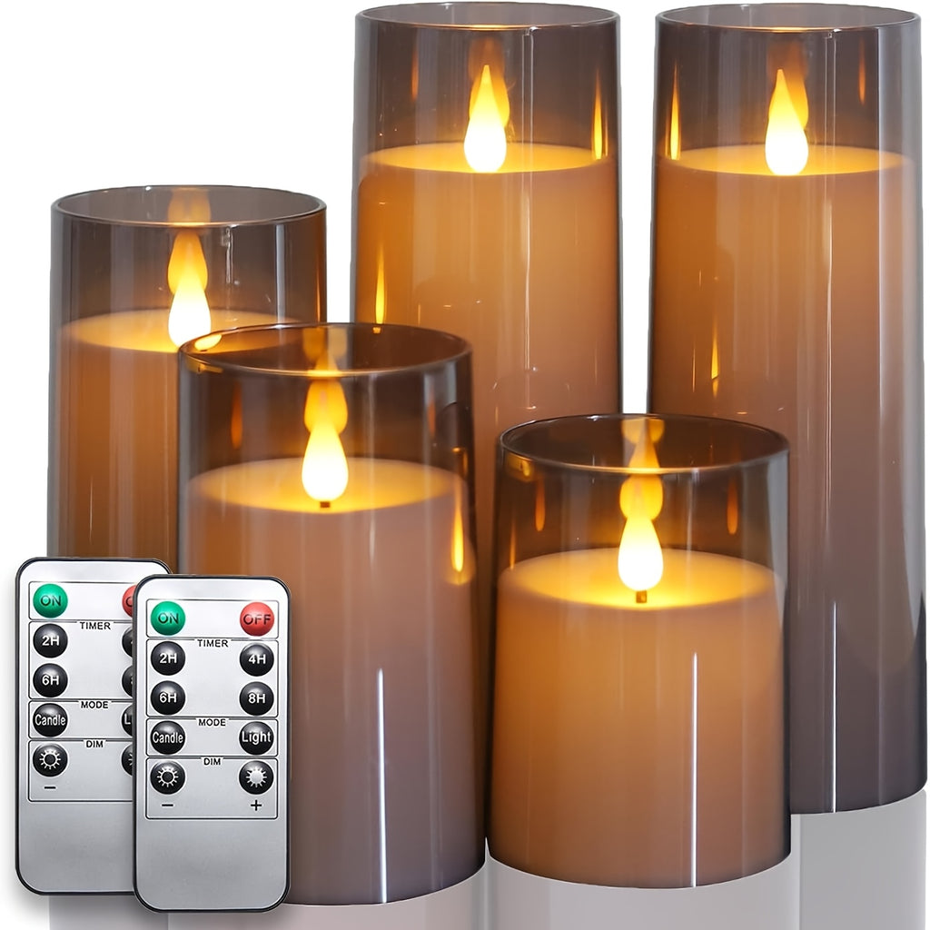 Flameless LED Pillar Candles Set of 5 with Remote Control & Timer, Battery Operated Flickering Candles, 3-Inch Diameter Organic Glass, 4" 5" 6" 8" Sizes - Ivory, Gray & Amber for Home & Halloween Decor