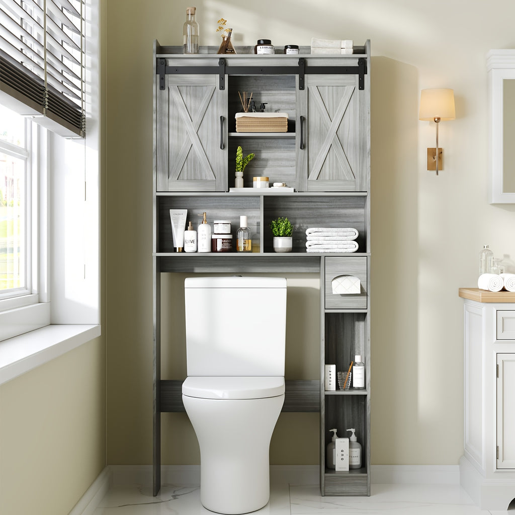 Farmhouse Over Toilet Cabinet with Sliding Doors Engineered Wood Adjustable Shelf Toilet Paper Holder Stand Space Saving Bathroom Storage No Wall Mount Multiple Colors