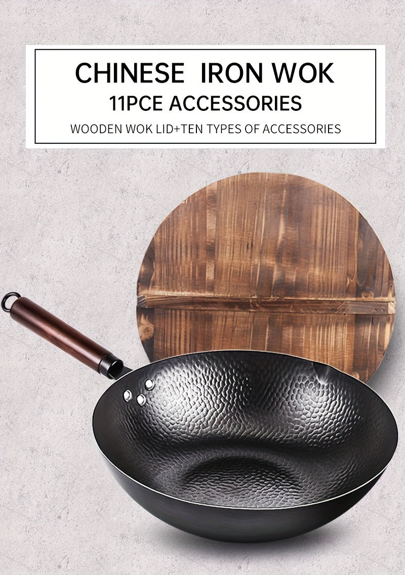 Carbon Steel Wok with 11-Piece Cookware Accessories 12.6 Inch Chinese Stir-Fry Pan Flat Bottom Induction Electric Gas Halogen All Stoves