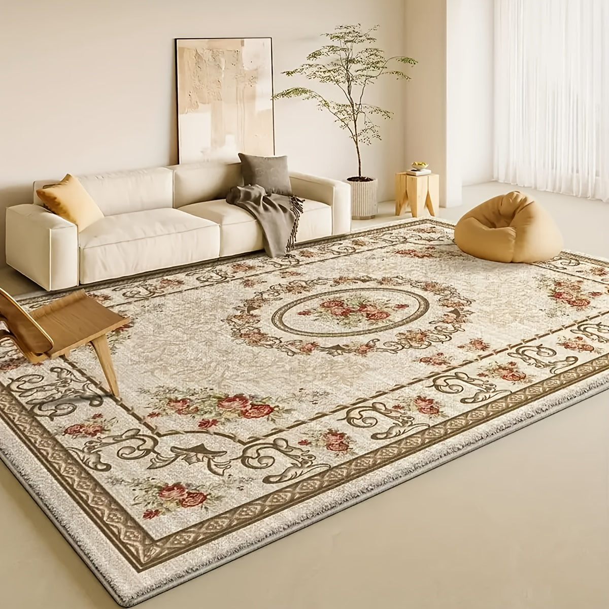 Floral Anti-Slip Area Rug Washable 1000g Thick Modern Light Pattern Carpet for Living Room Bedroom Dining Room Home Office Outdoor Camping