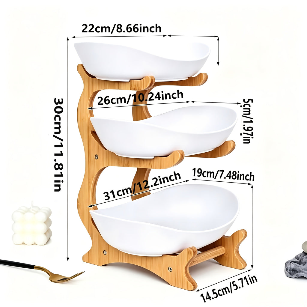 Stackable Tiered Fruit Plate with Wood-Look Design, 2 or 3 Tier Plastic Serving Tray Stand for Snacks, Bread & Fruit, Space-Saving Living Room Kitchen Countertop Organizer, Easy to Assemble