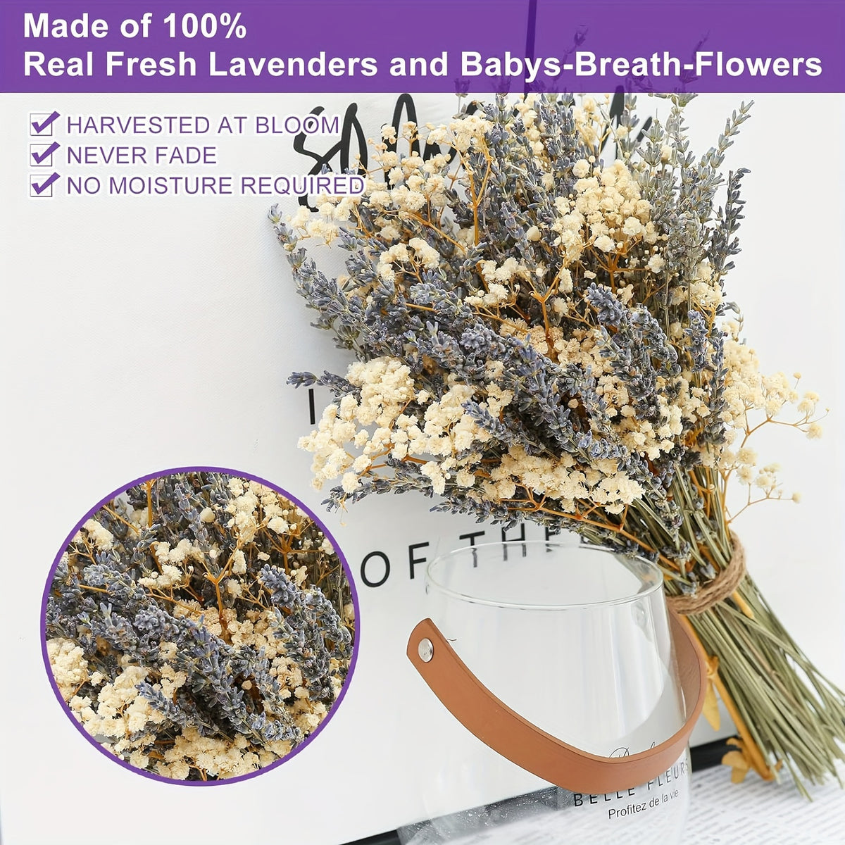Dried Lavender & Baby’s Breath Flower Bundles 2 Bunches 17 Inch – Dried Gypsophila Bouquet for Vase, Home Decor, Wedding, Photography & DIY Wreath – Valentine’s Day Floral Arrangement Gift