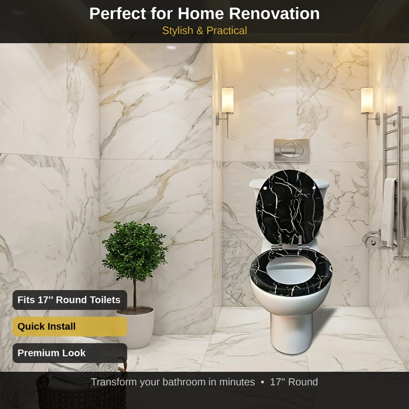 Soft Close Toilet Seat Round Black Marble | Designer Art Toilet Seat with Quick-Release Hinges, Easy Clean, Stylish Bathroom Upgrade