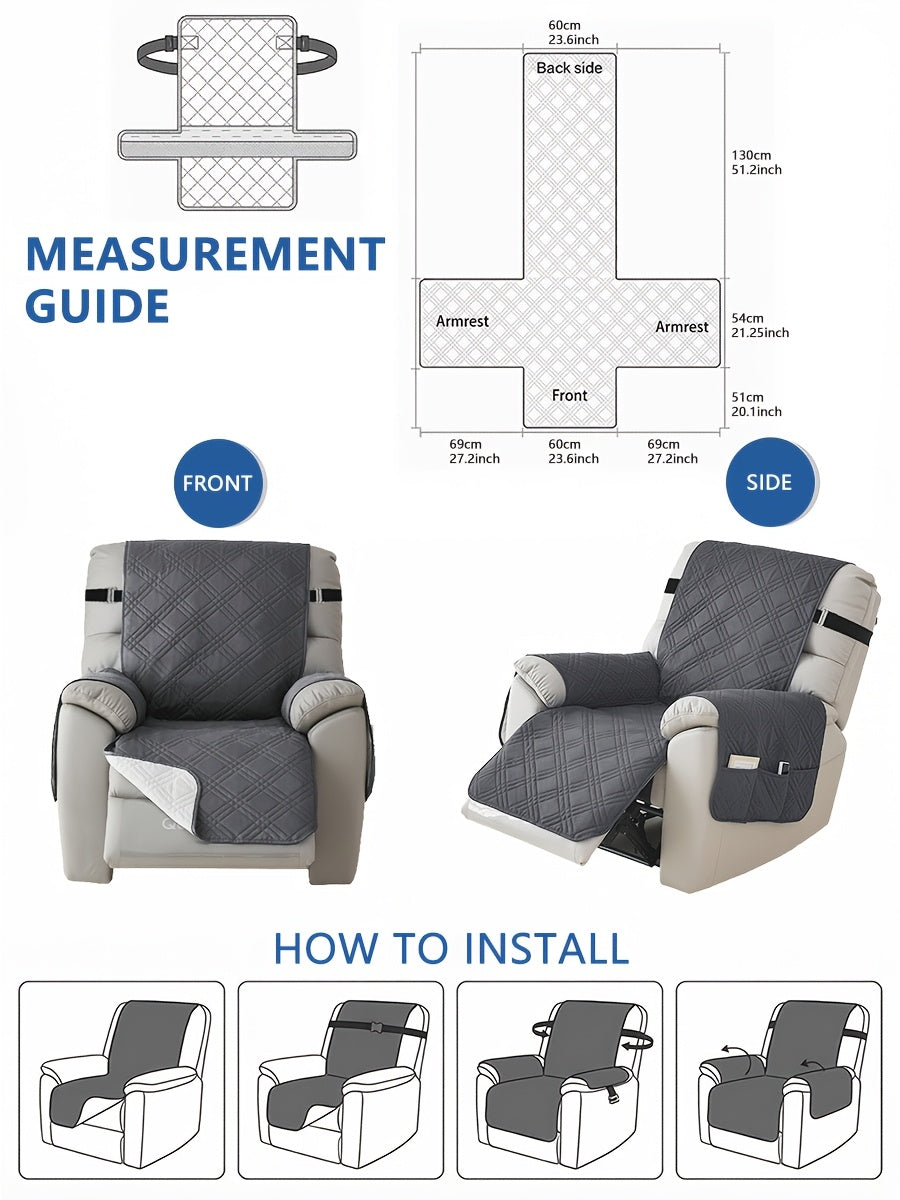 Quilted Recliner Cover with Side Pocket Anti-Slip Elastic Band Pet Furniture Protector – Easy to Install Sofa Recliner Slipcover for Living Room, All-Season Home Decor