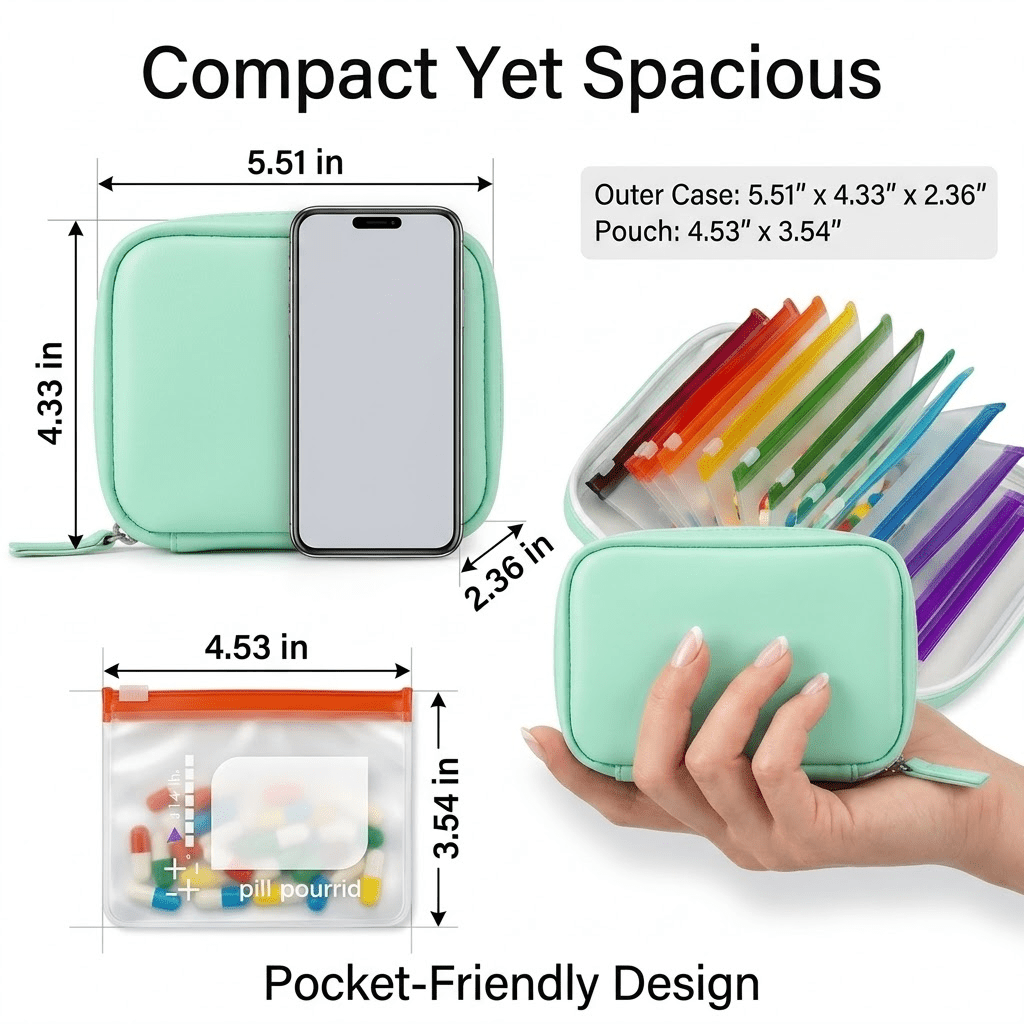 Weekly Pill Organizer Bag Set – 14 Color-Coded Waterproof Zipper Bags Reusable Travel Medicine Storage for Vitamins Fish Oil Daily Supplements