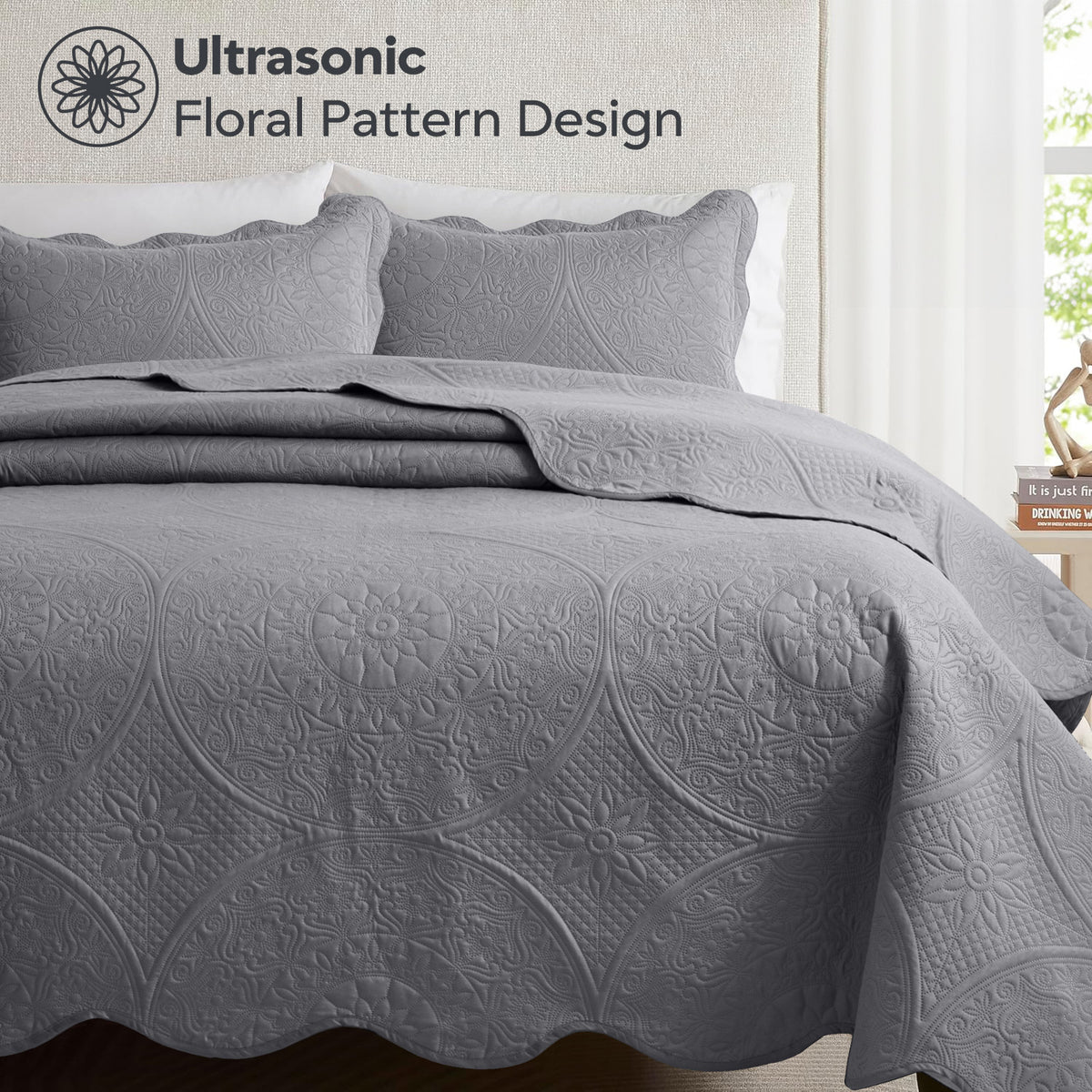 Luxury Quilted Bedspread Set 3 Piece Floral Coverlet with Pillow Shams Breathable Lightweight All Season - Twin Queen King California King 16 Colors