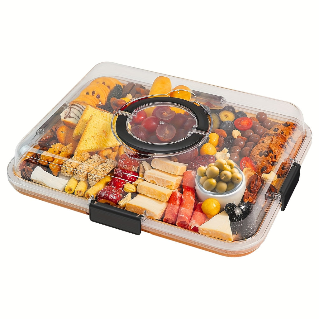 Bamboo Charcuterie Board Cheese Tray with Transparent Acrylic Snap-On Lid 8 Compartment Portable Serving Platter for Parties Camping Holidays