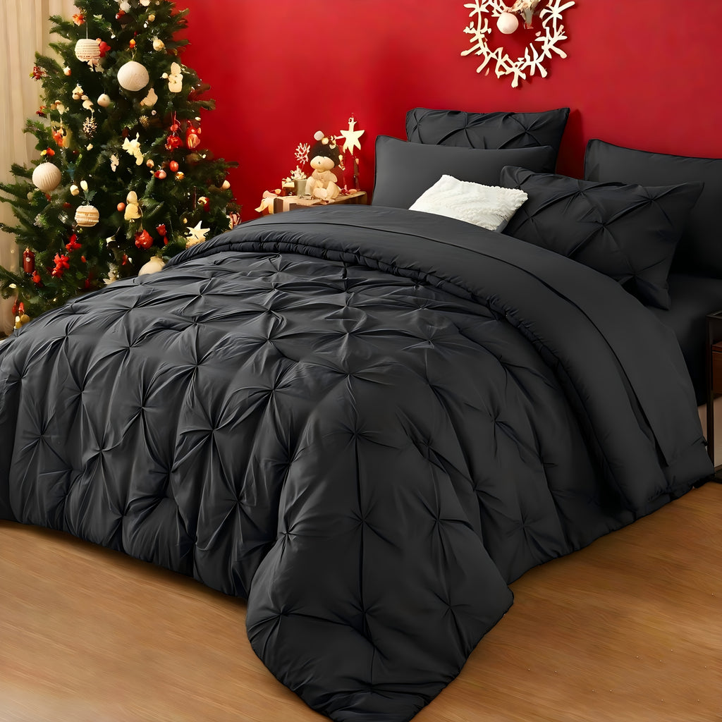 Luxury Pleated Comforter Set 5/7 Pcs – Soft Plush Fiber Fill, Quilted Comforter, Fitted Sheet, Flat Sheet, Pillowcases & Shams, Twin Full Queen King Year-Round Bedding
