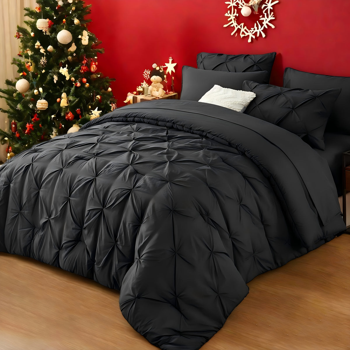 Luxury Pleated Comforter Set 5/7 Pcs – Soft Plush Fiber Fill, Quilted Comforter, Fitted Sheet, Flat Sheet, Pillowcases & Shams, Twin Full Queen King Year-Round Bedding