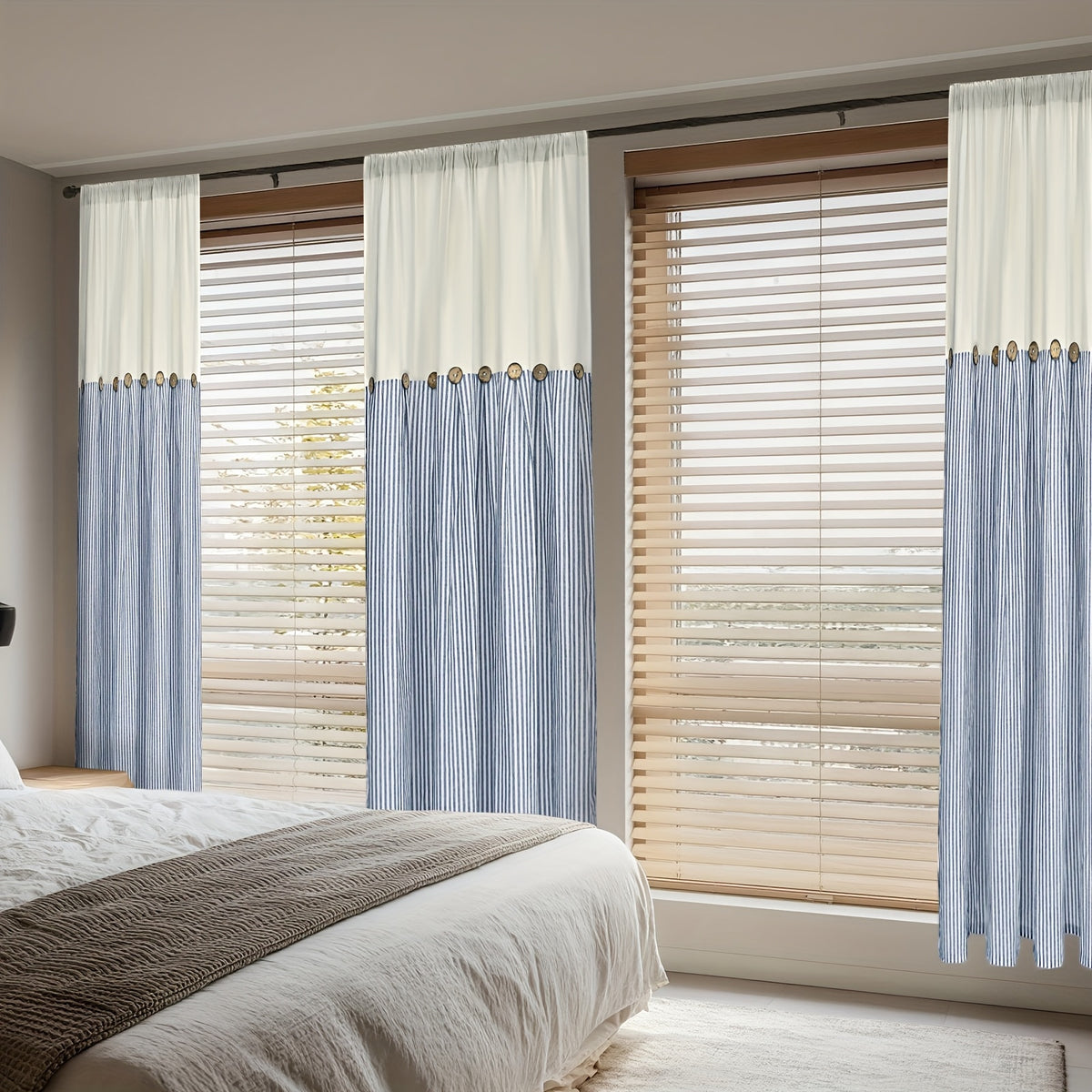 Bohemian Semi-Sheer Linen Cotton Curtains Grommet Top – Patchwork Country Cottage Window Drapes, 1 or 2 Panels, All Season, Bedroom Living Room Kitchen Bathroom Cafe Decor | Blue Green Dark Blue