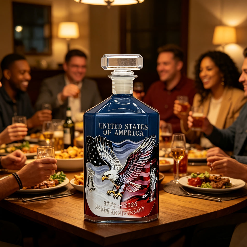 US 250th Anniversary Whiskey Decanter & Glass Bottle Set 2-Piece – Patriotic Commemorative Barware Gift for Father's Day, July 4th & Home Bar Decor