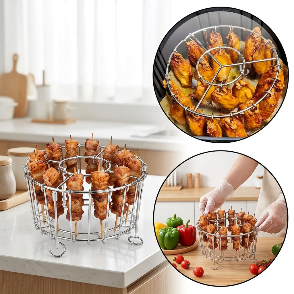 304 Stainless Steel Vertical Grill Rack for Air Fryer – 21-Piece Set with 20 Skewer Needles, Fits 3QT-6QT | Even Heating for Meat & Vegetables