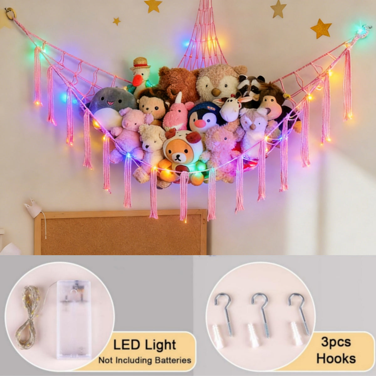 Stuffed Animal Storage Hammock with Star Lights – Corner Mesh Toy Organizer with Hooks for Kids Room, Bedroom & Nursery | White, Black & Pink
