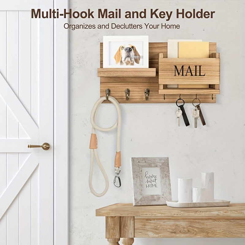 Solid Wood Wall-Mounted Storage Rack with Mailbox Slot, Door Handle & Decorative Hooks – Multifunctional Entryway Organizer for Keys, Hats & Books, Space-Saving Wall Shelf for Bedroom, Bathroom & Living Room