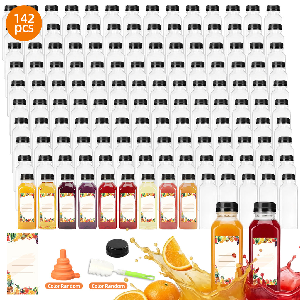 Plastic Juice Bottles with Caps 12oz 16oz Bulk Set 100 118 142 Pcs - Empty Bottles with Labels Funnel & Brush for Juice Smoothie Tea Coffee Party | Nuvia Haven