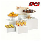 Acrylic Display Risers Set 5 Pieces – White Square Buffet Stands for Dessert Table, Party Food Display & Cupcake Tower
