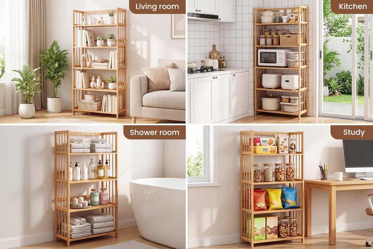 Bamboo Bookshelf Narrow 4 or 5 Tier Adjustable Shelves – Natural Wooden Bookcase Standing Storage Shelf Organizer for Small Spaces, Bedroom, Living Room & Home Office