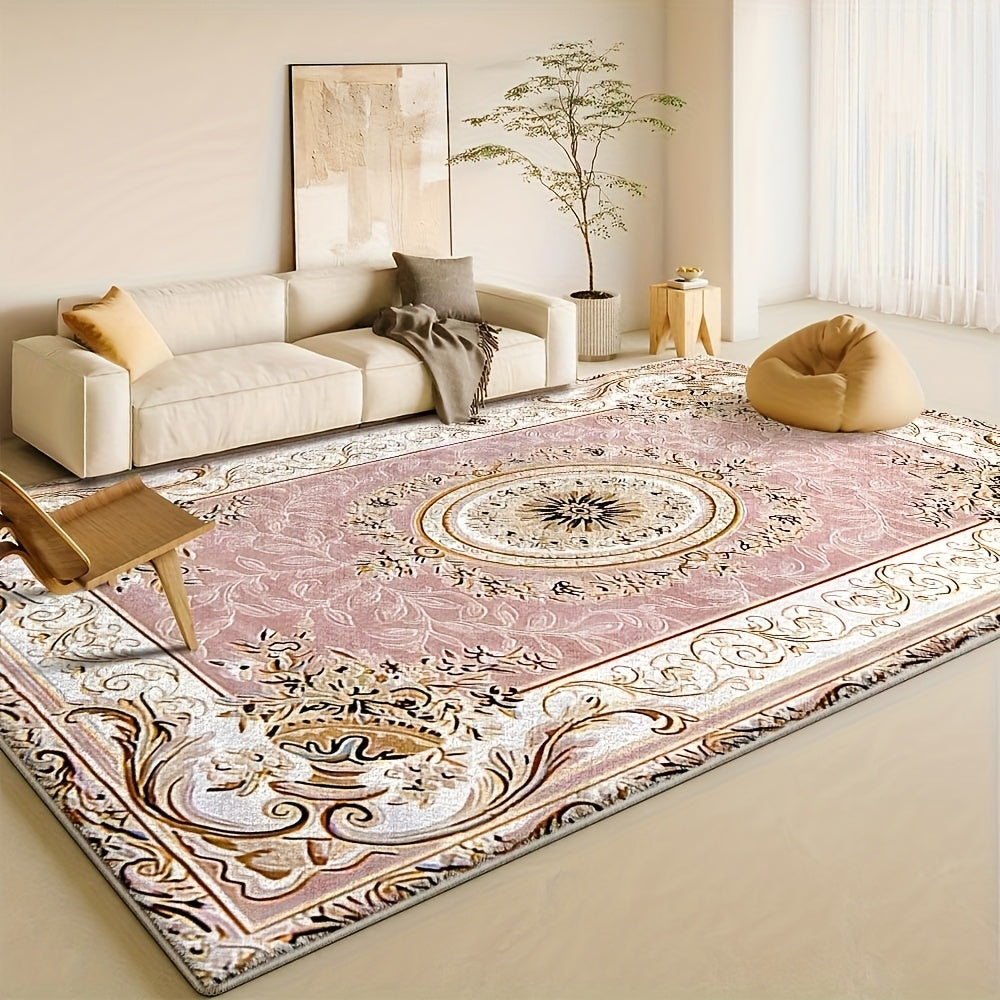 Luxury Velvet Floral Area Rug 852GSM Low Pile Machine Washable Non-Slip Vintage Checkered Design for Bedroom Living Room Dining Office 5 Sizes