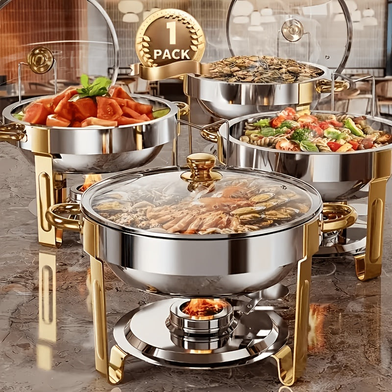 Stainless Steel Buffet Hot Pot Food Warmer Set with Glass Lid & Lid Rack, 5QT Round Chafing Dish for Party Catering Wedding – 1, 2 or 4 Pcs