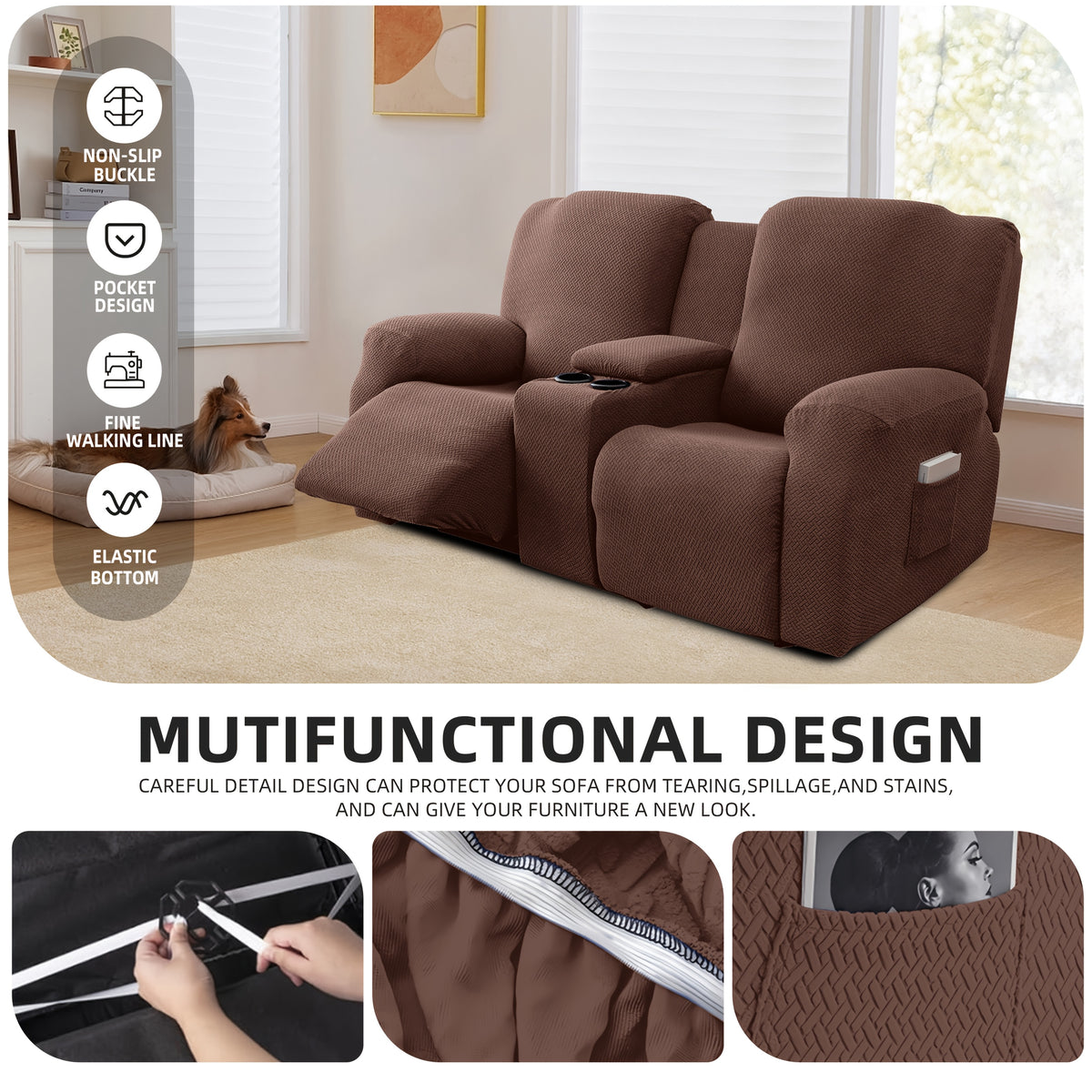 Sofa Cover Recliner 2 Seater – High Elastic Washable Velvet Slipcover with Side Pocket, Non-Slip Furniture Protector for Living Room & Bedroom