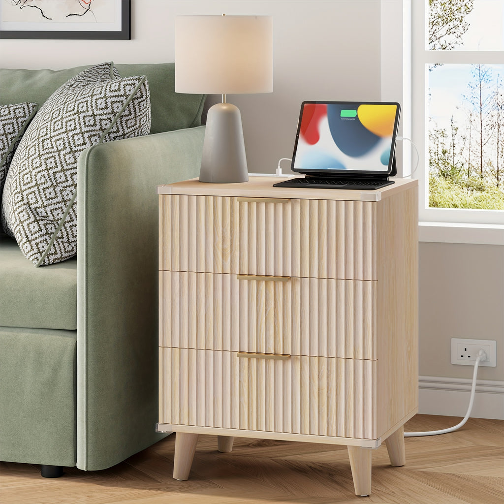 Nightstand with Charging Station – 3-Drawer Bedside Table with 2 USB Ports & 2 AC Outlets, Small Bedroom Side Table | Set of 1 or 2 | Wood, Black, White, Brown