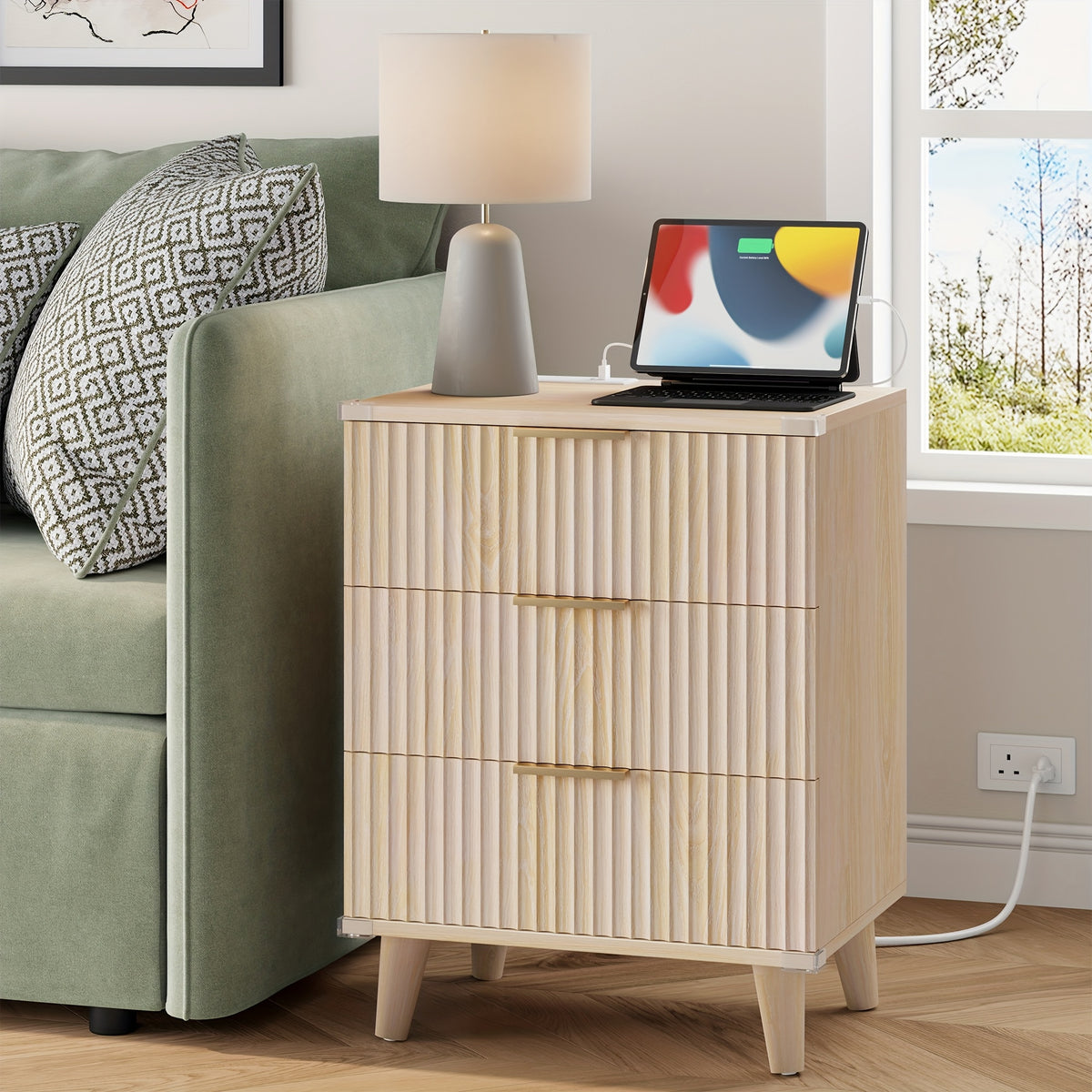 Nightstand with Charging Station – 3-Drawer Bedside Table with 2 USB Ports & 2 AC Outlets, Small Bedroom Side Table | Set of 1 or 2 | Wood, Black, White, Brown