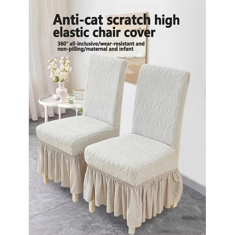 Jacquard Leaf Stretch Dining Chair Covers with Skirt 4 or 6 Pack, Universal Removable Parsons Chair Slipcovers for Dining Room Kitchen Wedding Party Banquet