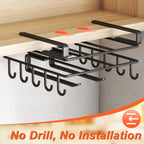 Under Cabinet Organizer Rack with Double Row Hooks Heavy Duty Carbon Steel Kitchen Shelf for Utensils Towels Cups Cutting Boards – No-Drill Easy Install