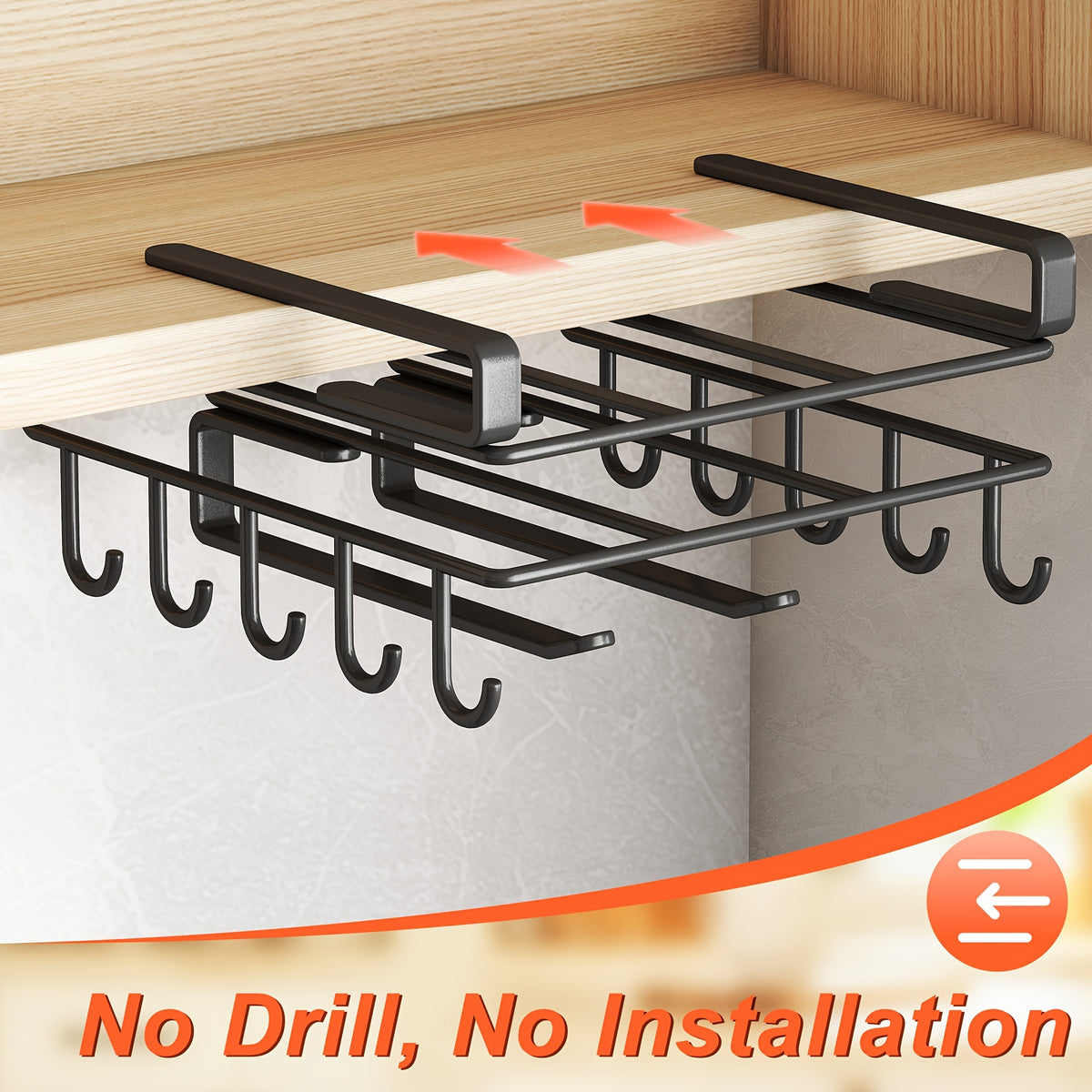 Under Cabinet Organizer Rack with Double Row Hooks Heavy Duty Carbon Steel Kitchen Shelf for Utensils Towels Cups Cutting Boards – No-Drill Easy Install