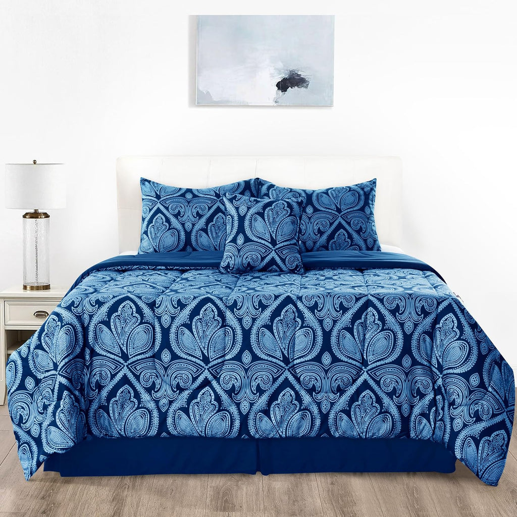 5-Piece Comforter Set – Reversible Quilted Down Alternative Bedding Set with Pillow Shams, Bed Skirt & Cushion | All Season | Twin, Queen, King