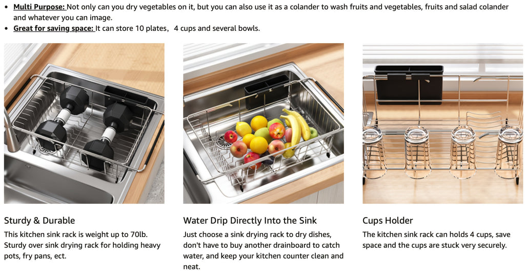 Stainless Steel Over-the-Sink Dish Drying Rack & Colander Strainer Basket with Expandable Grip – Heavy-Duty Sink-Mounted Dish Drainer for Vegetable Washing & Space-Saving Kitchen Organization