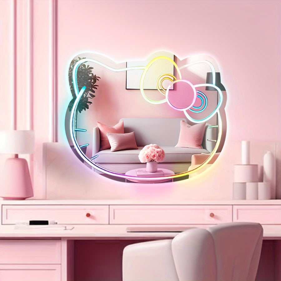 Dream Color Neon Mirror Sign LED Acrylic Cute Cat Wall Light – USB Powered Remote-Controlled Kawaii Bedroom Decor Neon Sign for Girls Room & Living Room