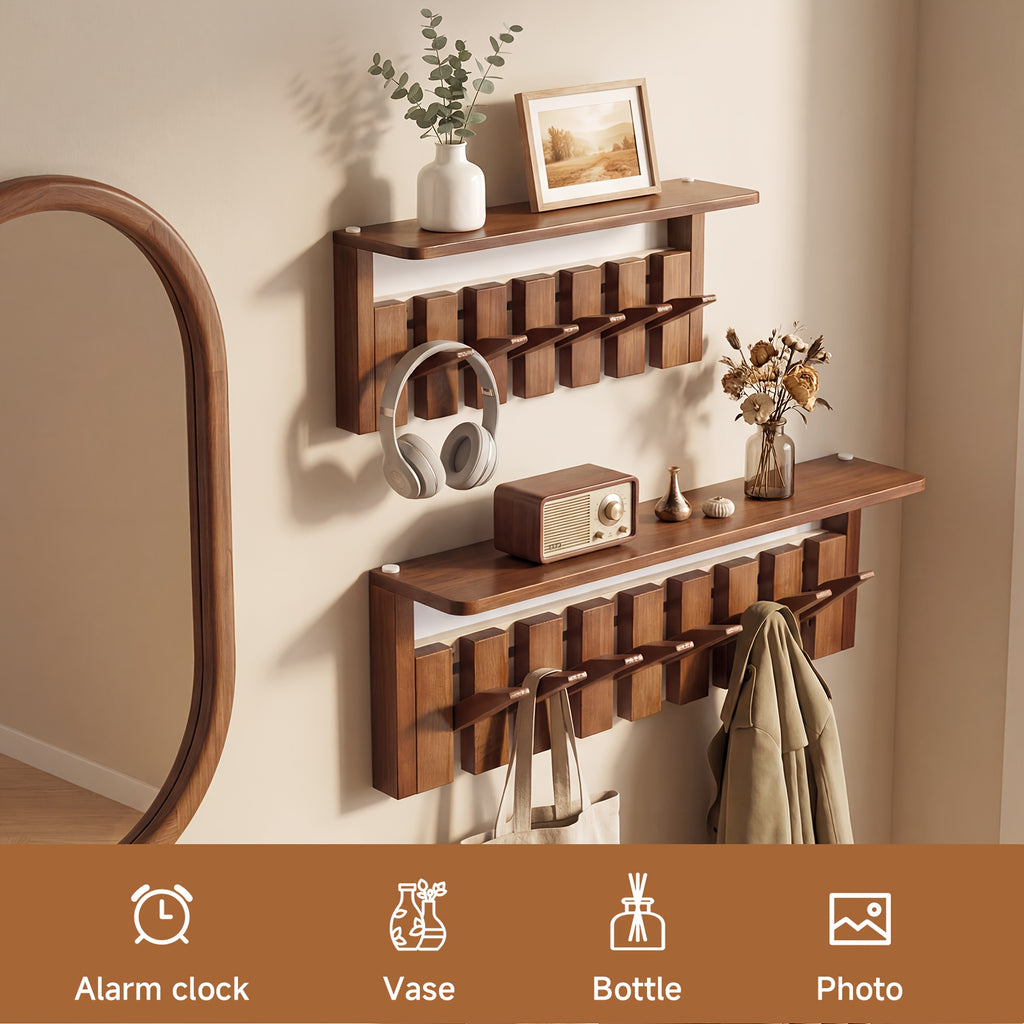 Wall Mounted Coat Rack Foldable Hooks Solid Rubberwood 6 or 8 Hooks 22 lbs Capacity Floating Shelf Dual Installation Drilling or Adhesive for Entryway Bedroom Bathroom Living Room