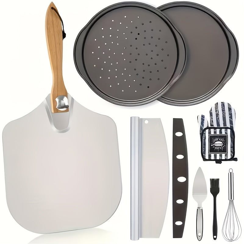 Pizza Making Set 7 or 8pcs – Aluminum Pizza Peel, Carbon Steel Pan, Rocker Cutter, Pie Server, Silicone Brush & Oven Mitts, Complete Pizza Tools for Oven & Grill