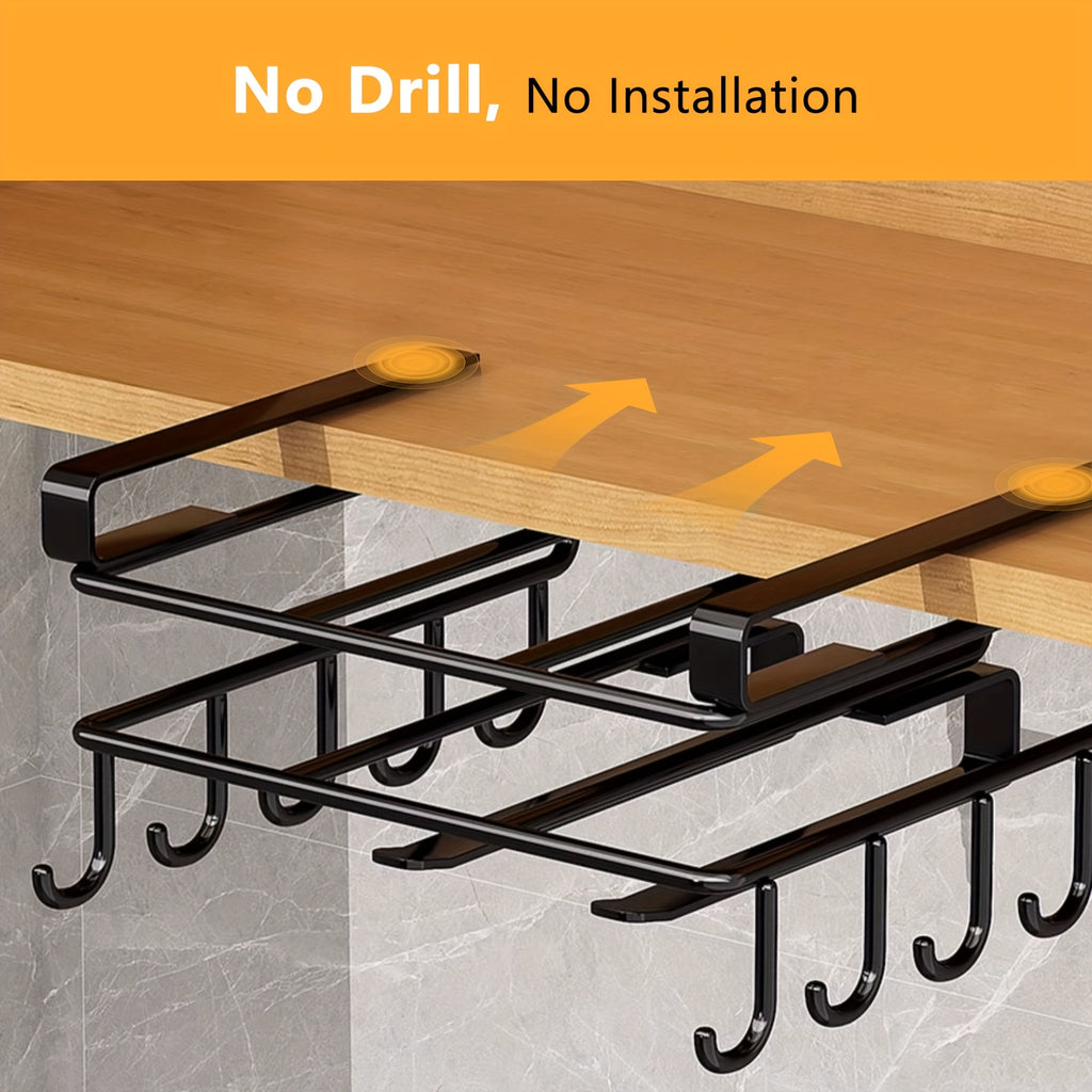 Under Cabinet Cutting Board Rack No-Drill – Carbon Steel Chopping Board Holder with Double-Row Hooks for Kitchen Utensils, Paper Towels & Spatulas | Multi-Use Under-Cabinet Storage Organizer