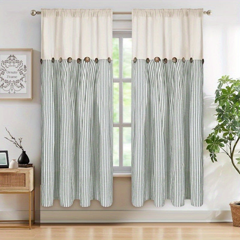 Bohemian Semi-Sheer Linen Cotton Curtains Grommet Top – Patchwork Country Cottage Window Drapes, 1 or 2 Panels, All Season, Bedroom Living Room Kitchen Bathroom Cafe Decor | Blue Green Dark Blue