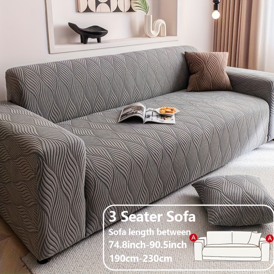 Jacquard Elastic Sofa Cover – Modern Artistic Slip-Resistant Couch Slipcover | All-Season Polar Fleece Furniture Protector for Living Room, Office & Bedroom | Includes Free Pillow Cover | 1-4 Seater